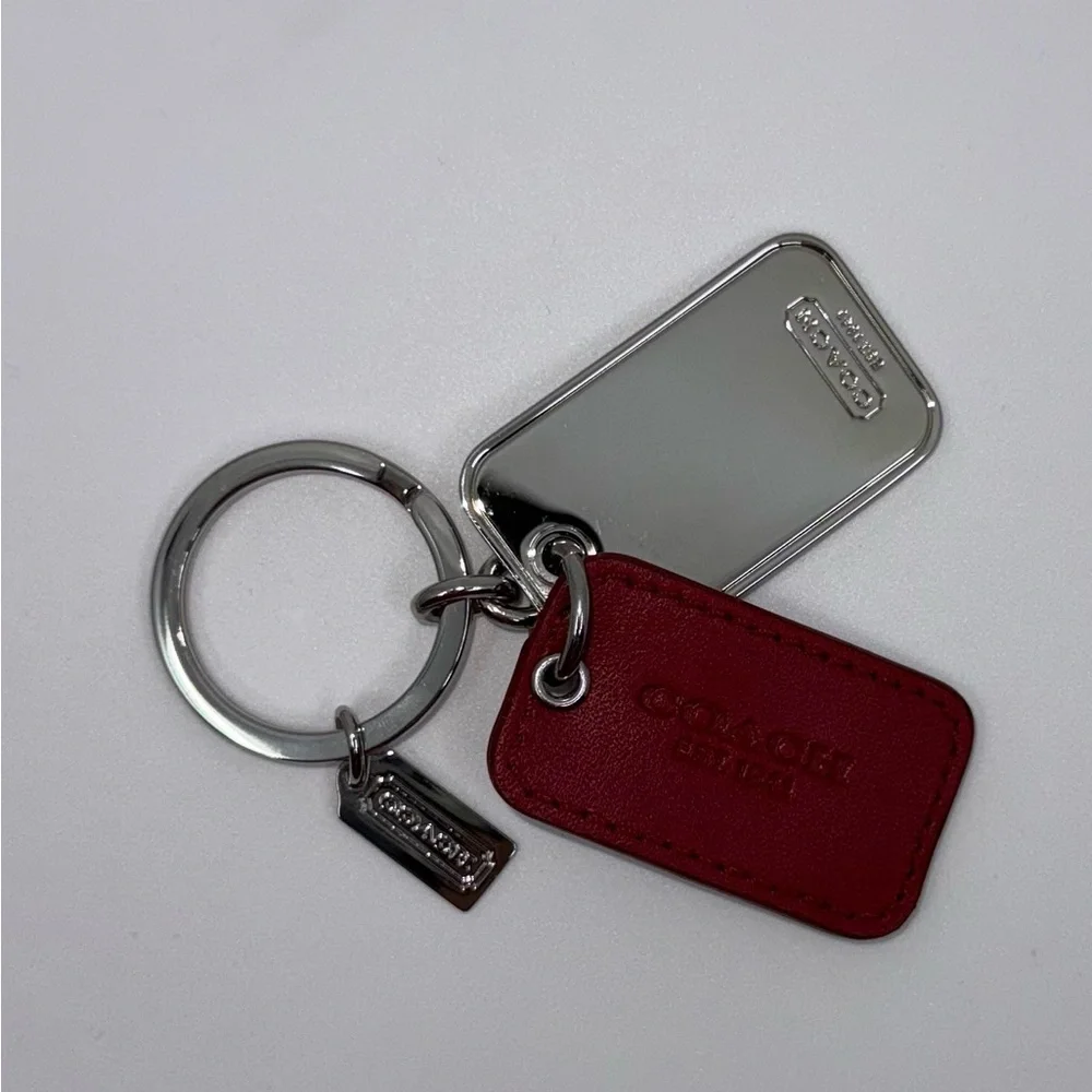 Coach Silver Keychain Keyring Red Leather and Silver Tags LIKE NEW CONDITION